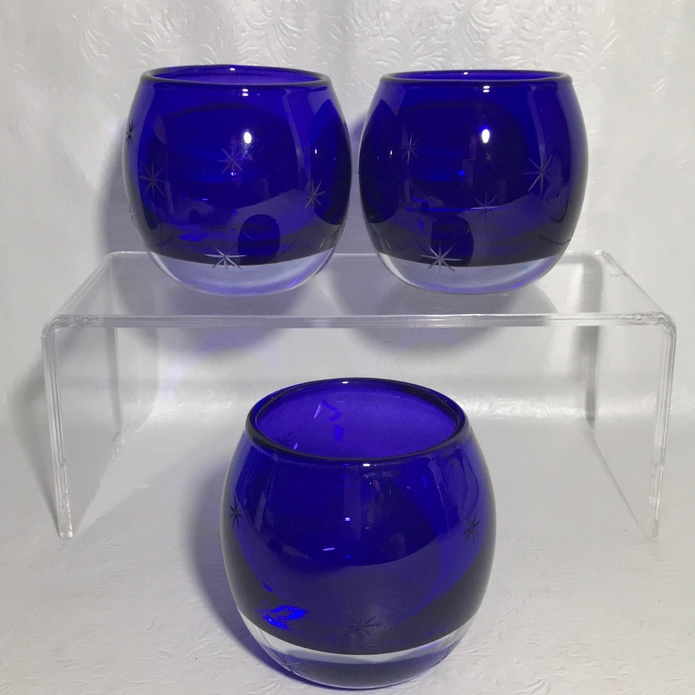 Cobalt Blue To Clear Glass Starburst Round Heavy Votives Candle Holders (3)